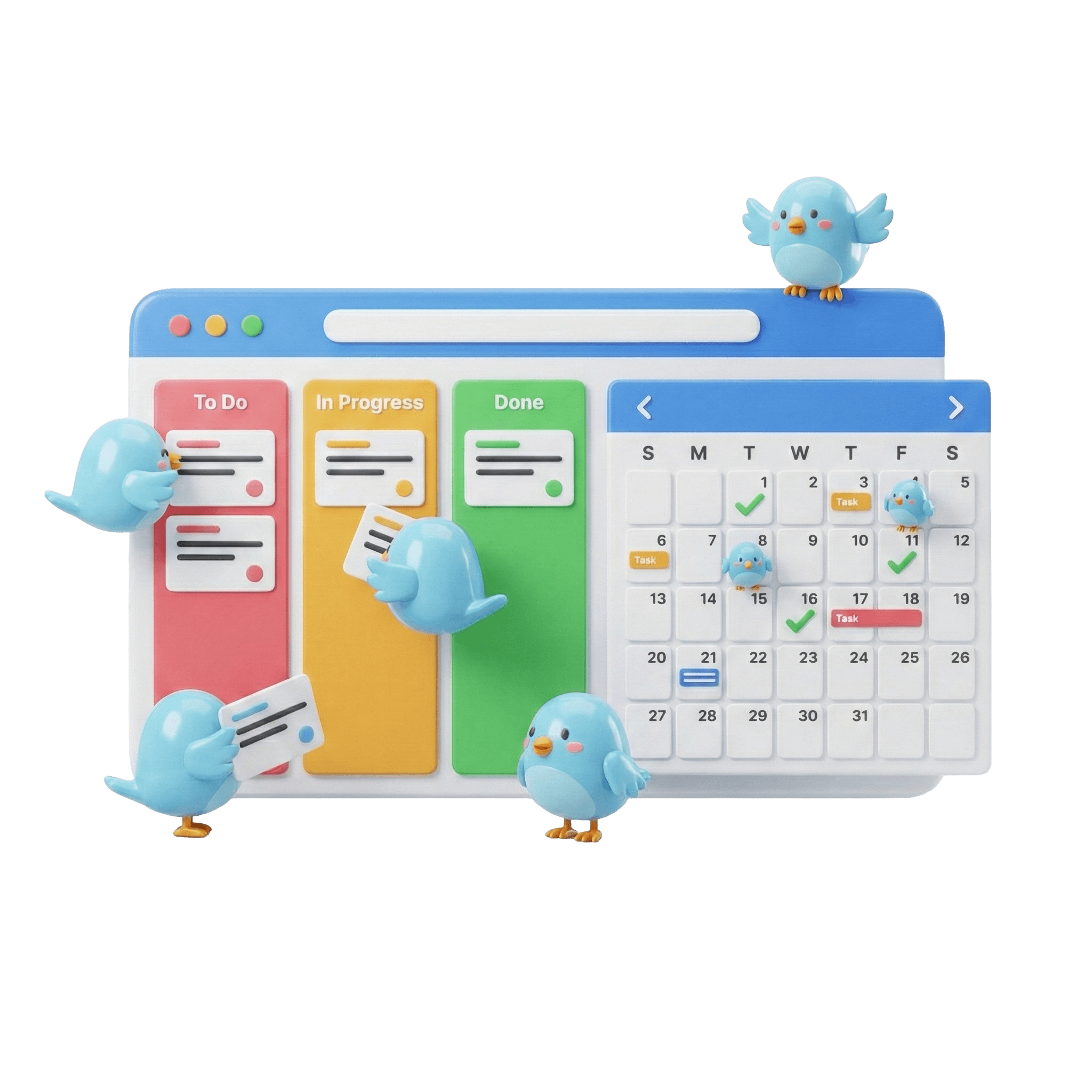 鳥がタスクボードを管理してるイラスト