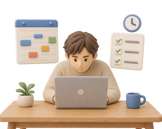 予定とタスクを確認するWEBフリーランスの粘土風イラスト